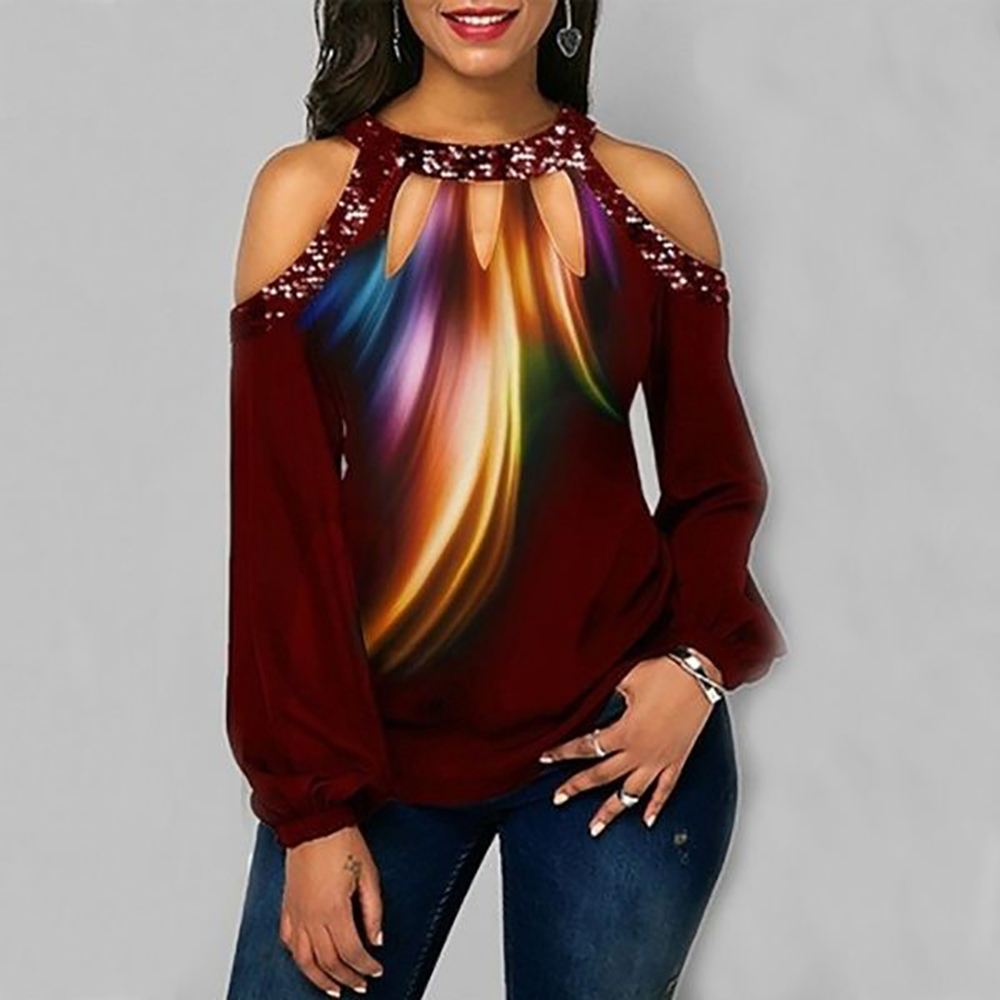 

Women Summer Off-the-shoulder T-shirt Sexy Cold Shoulder Flower Print Casual Long Sleeve Round Neck Loose Sequins Tops Blusas 210306, Colorful