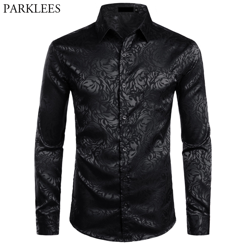 

Men's Floral Black Dress Shirts Stylish Long Sleeve Steampunk Shirt Men Party Club Bar Social Shirt Male Chemise Homme 210628