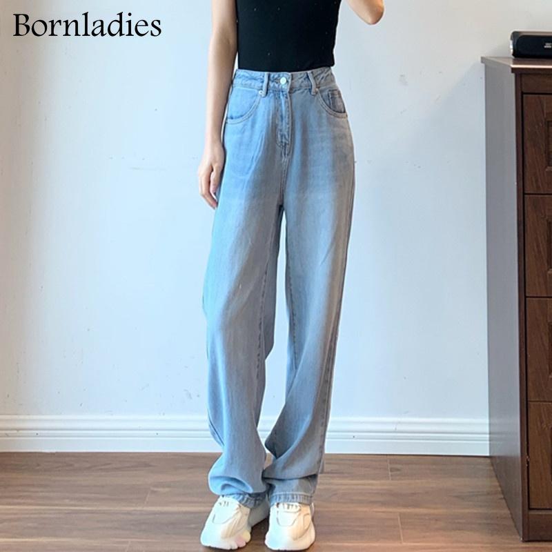 

Women's Jeans Bornladies Autumn Loose Floor-Length Wide Leg Pants For Women High Waist Pockets Female Straight Denim Trousers 2022, Blue