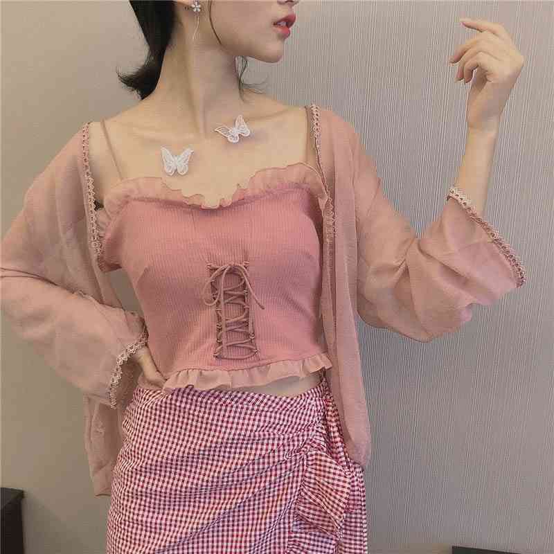 

WOMENGAGA Sexy Mesh Lace Patchwork Bandage Tank Tops Pink Summer Korean Women Sweet Girl Female Y2k Corset Top QP87 210603, Green