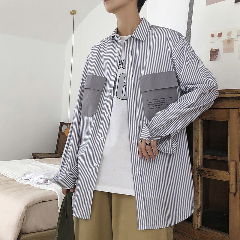 

2021 New Men's Leisure Hawaiian Tide Coats Stripe Pocket Shirt Male Camisa Masculina French Cuff Mens Fashion Shirts 6saa, Gray