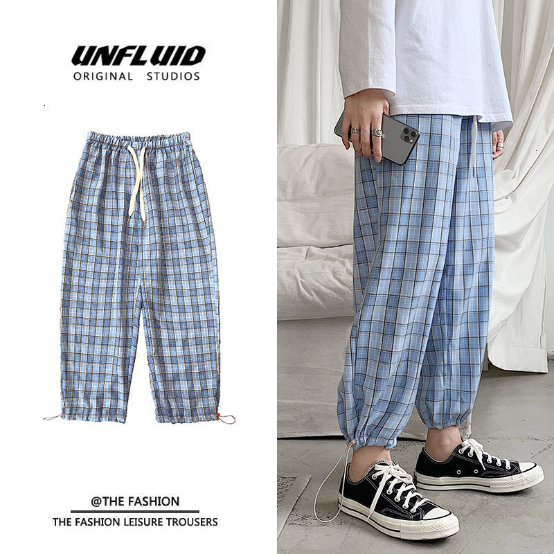

2021 New Spring and Summer Plaid Men's Fashion Retro Casual Men Streetwear Korean Loose Straight Leg Pants Mens M-3xl 0cyz, Light blue