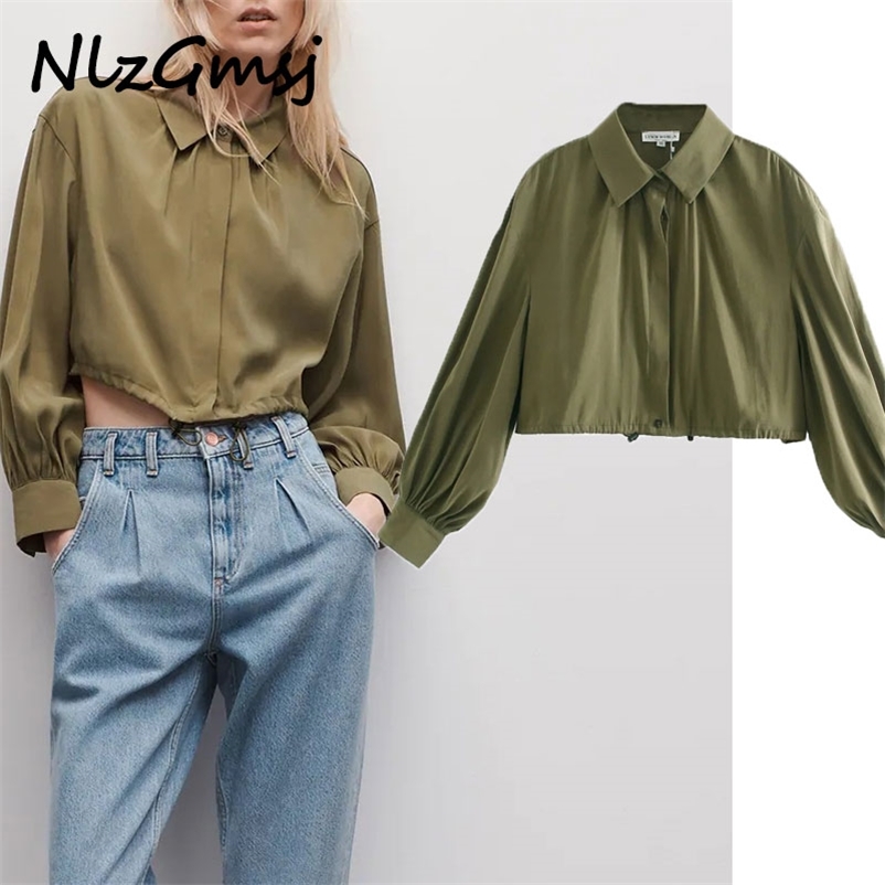 

Blouse Women Green Cropped Shirts Fashion Adjustable Drawstring Hem Casual Long Sleeve Female Top 03 210628, As picture