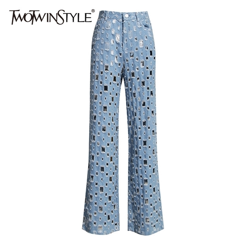 

TWOTWINSTYLE Hollow Out Wide Leg Pants For Women High Waist Ripped Hole Autumn Denim Trousers Female Fashion Clothing 210708, Blue