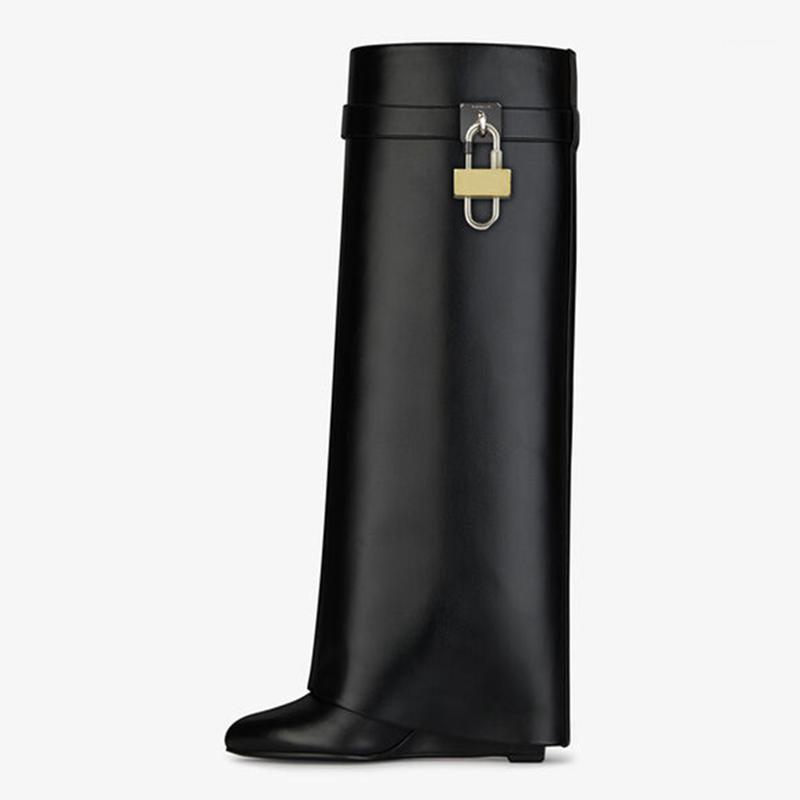 

Boots 2021 Lock Design Women Wedge Black Fold Knee High Female Pointed Toe Genuine Leather Long Botas Mujer1