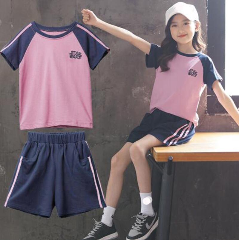 

Clothing Sets Girls Children Casual Running Sports Big Kids Teens Student Color Patchwork Short Sleeve T-Shirts+Shorts 2pcs Suit, White