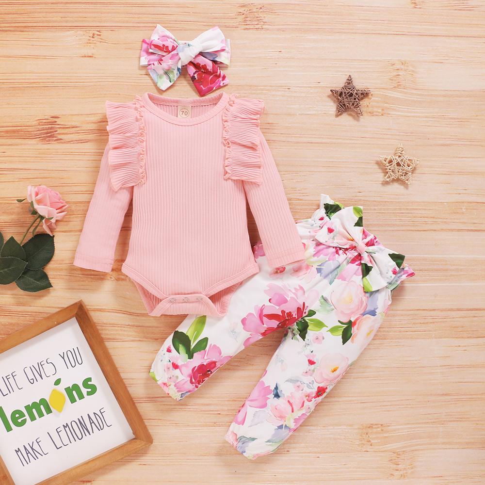 

Girl Solid Knitted Cotton Romper Kid Tops Girls Flower Print Long Pants Todder Headband Baby Outfits Kids 3Pcs Clothes set