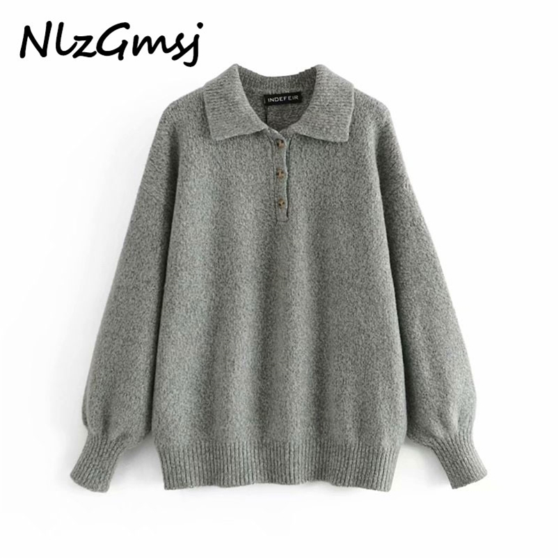 

Nlzgmsj Sweater Fashion Turn-Down Collar Loose Knitted Sweater Vintage Solid Pullovers 210628, As picture