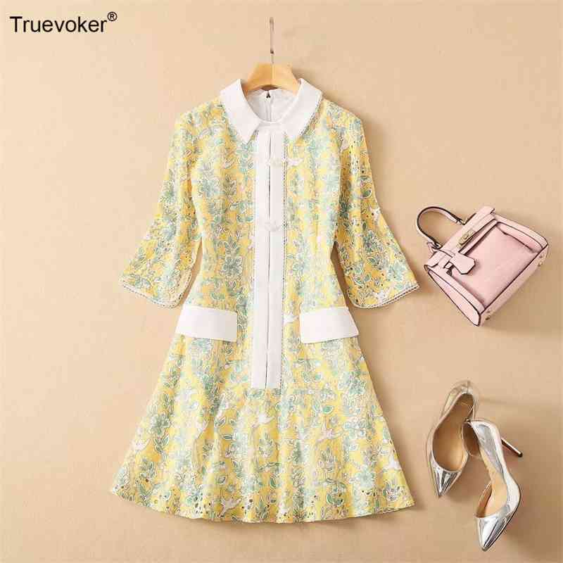 

Truevoker Runway High End Summer Dress Lady Peter Pan Collar Print Embroidery Cutout Mejur Vestido 210602, Yellow
