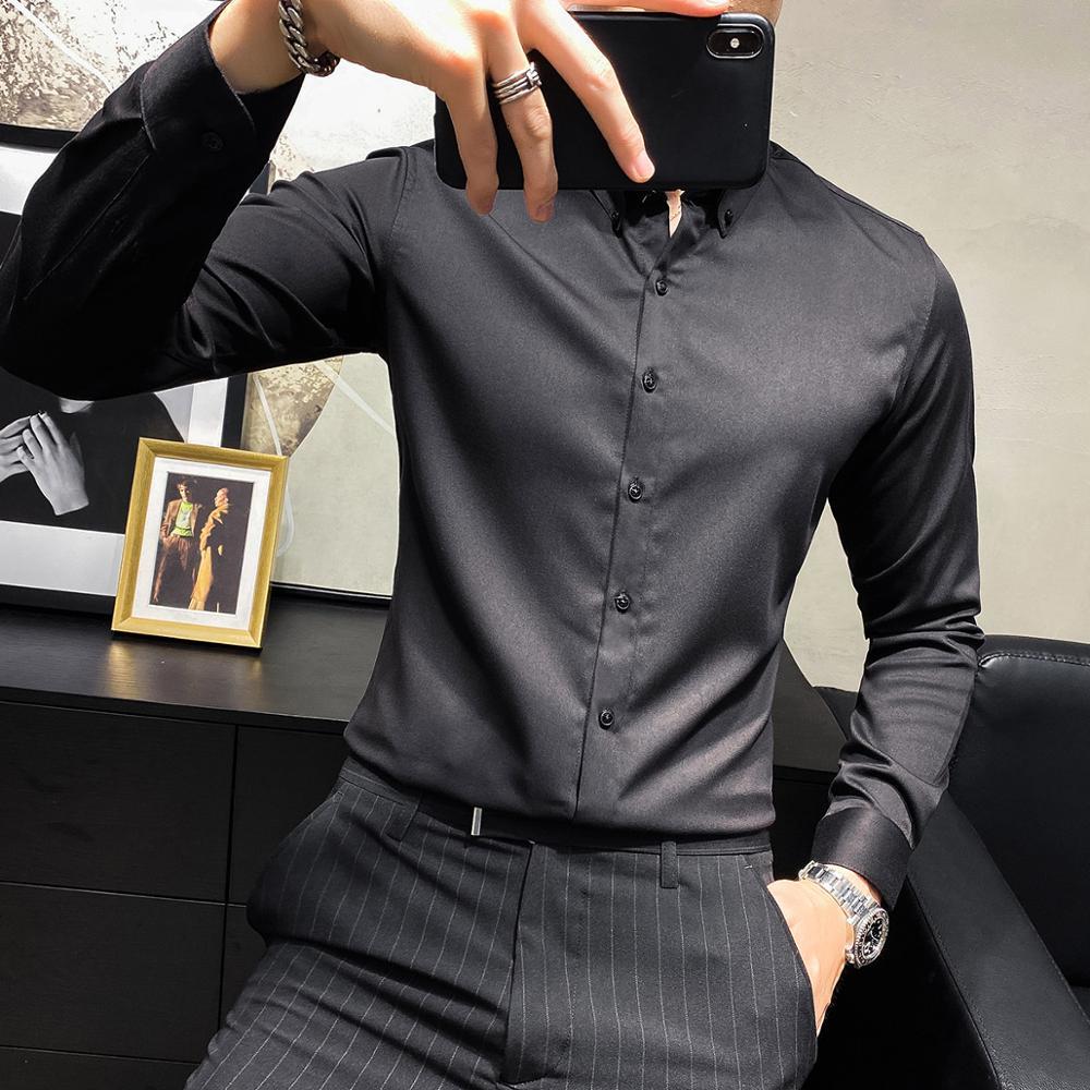 

New Coreano Simples Slido Manga Longa Camisas Dos Homens Vestido Streetwear Moda 2021 Fino Ajuste Casual Escritrio Blusa Homme Venda Quente, Blue