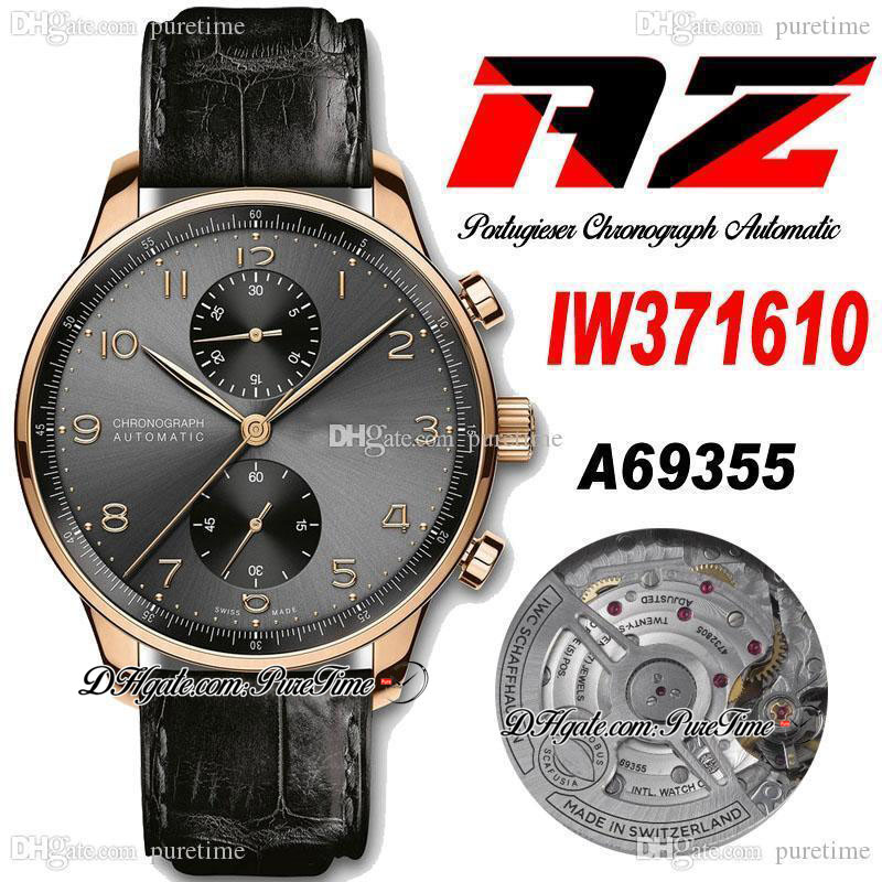 

AZF IW371610 A69355 Automatic Chronograph Mens Watch Rose Gold Gray Dial Champagne Number Markers Black Leather Strap Stopwatch Super Edition Puretime i9