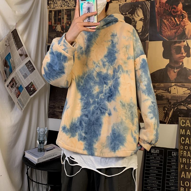 

2021 New Plush Thick Tie-dye Hoodies Men's Fashion Casual Hooded Sweatshirt Men Streetwear Wild Loose Hip-hop Pullover Hoodie Mens M-2xl 5y1, Apricot