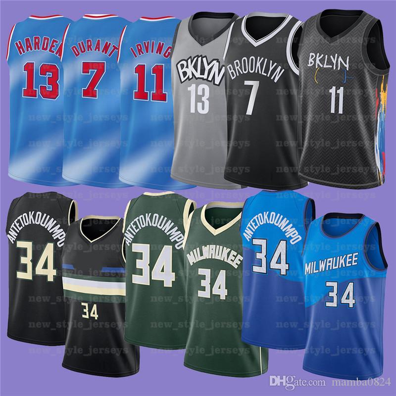 

7 Kevin 11 Kyrie 34 Giannis Irving Antetokounmpo Durant 13 Harden Brooklyn Nets Milwaukee Bucks z30 Basketball Jerseys, Blue;black