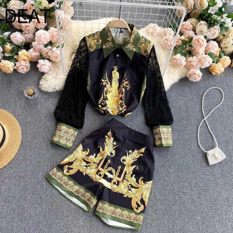 

DEAT Women Shorts Arrivals Lapel Puff Sleeve Vintage Printing Two Piece Set Fashion Temperament Spring Summer 11D64 210709, Black