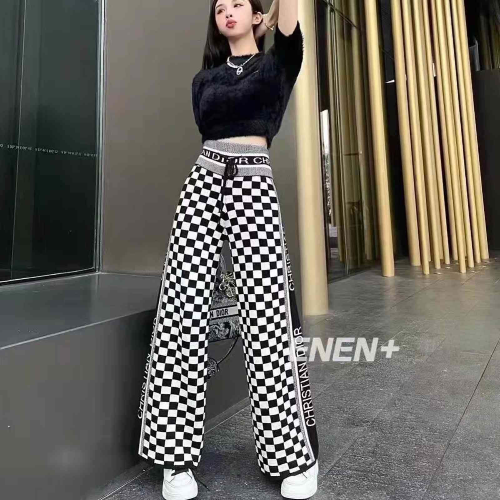 

Design 21 autumn new letter chessboard lattice jacquard knitted loose and thin High Waist Wide Leg Pants women' pants, D home plaid