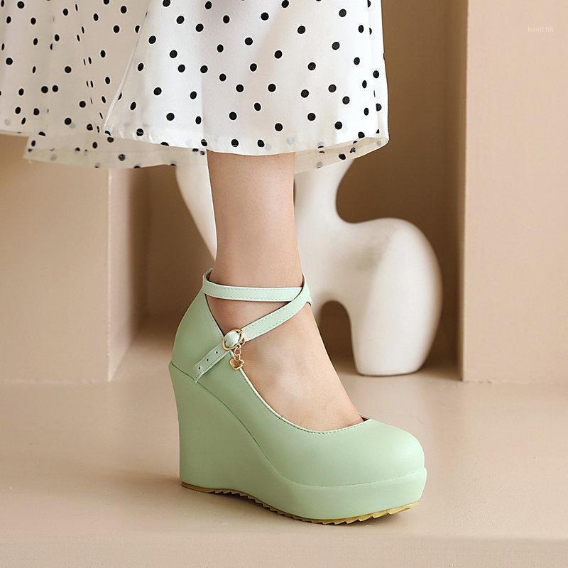

Fashion Pu Leather Shoes Wedges Pumps Buckle Solid Colors Spring Summer Platform High Heels Partry, Green