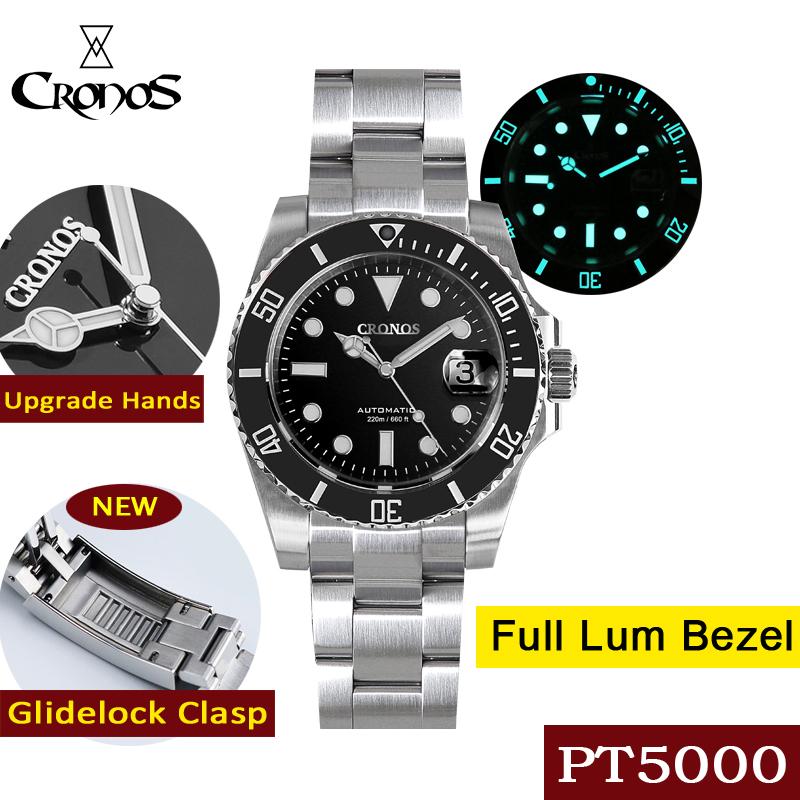 

Wristwatches Cronos Men's Diver Watch Sapphire Glass 40mm Black Dial Ceramic Bezel PT5000 Automatic Movement 200 Meters Water Resistant Lume, Slivery;brown