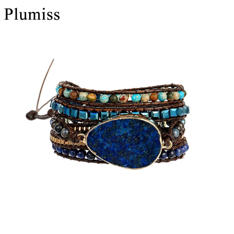 

Tennis Teardrop Lapis Lazuli Leather Wrap Bracelets For Women Boho Crystal Natural Stone Beaded Bracelet With Stainless Steel Chain