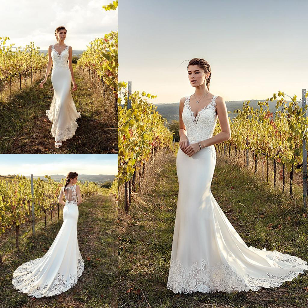 

Eddy K Sheath Wedding Dresses Gorgeous Lace Applique Sweep Train Bridal Gowns Sleeveless Sexy Mermaid Wedding Dress, Dark green