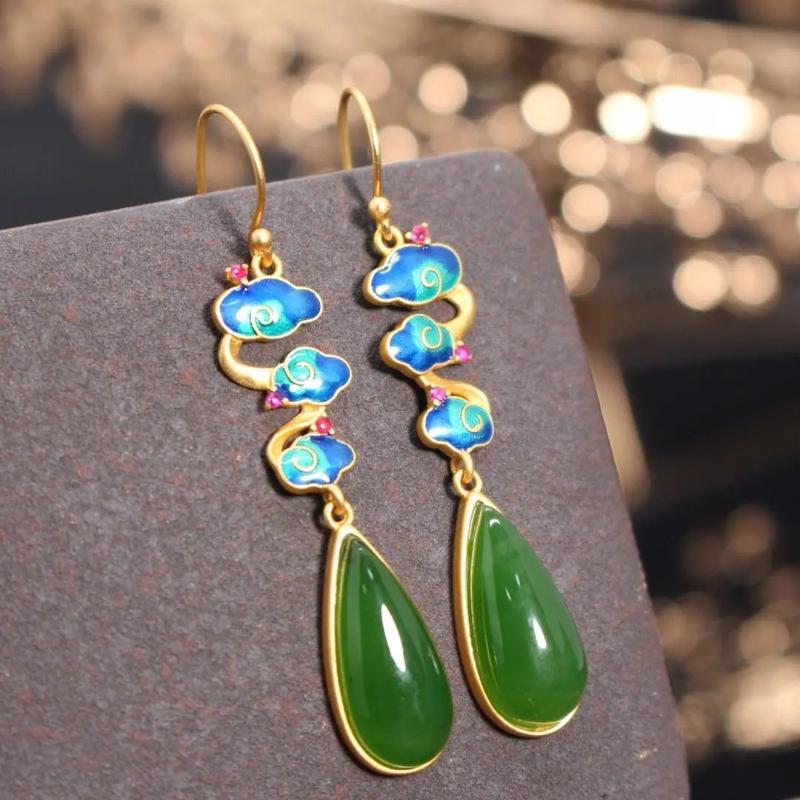

Dangle & Chandelier Natural Hetian Jasper Enamel Porcelain Craft Earrings For Women Chinese Retro Ethnic Style Cheongsam Charm Brand Silver