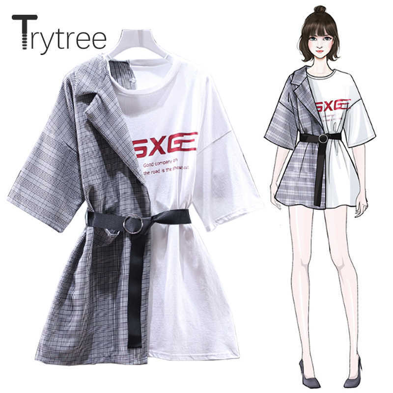 Trytree Robe d'été Asymétrie Femmes Plaid Patchwork T-shirt Robes O-Cou Ceintures Au-dessus du genou Lâche Noir et Blanc Robe décontractée T20041