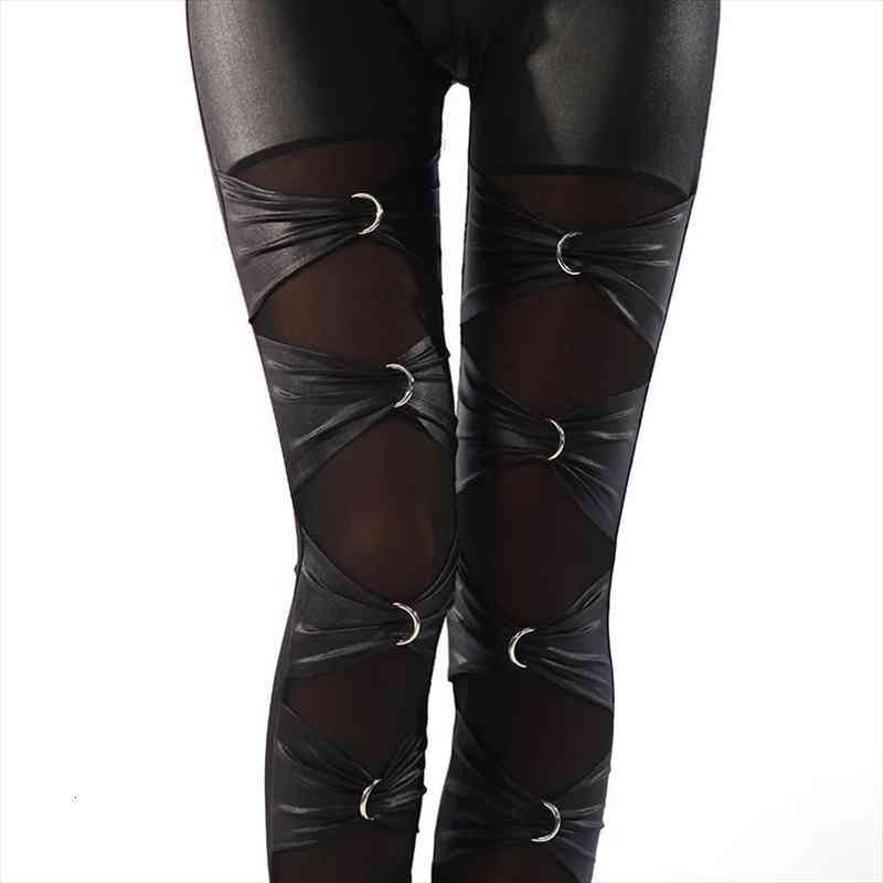 

Lady Sexy Punk Rock Metal Leggings Gothic Lace Up Leggings Night Bar Club Ring Cross Legging Fake Leather Riveet Pant, Black