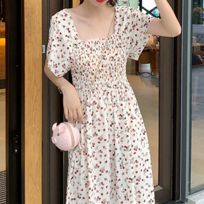 

Elegant Vintage Floral Dress Puff Sleeve Designer Women Slim Beach Casual Long Fairy Women' Summer Sundresses 210604