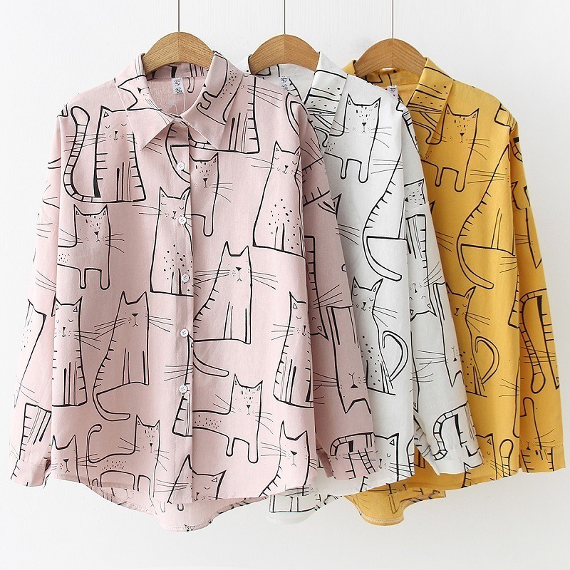 

2021 New Spring Autumn Cute Cat Print Loose Casual Ladies Blosues Tops Women Turn Down Collar Long Sleeve Shirt Blouse Femme Cotton 5y5x, White