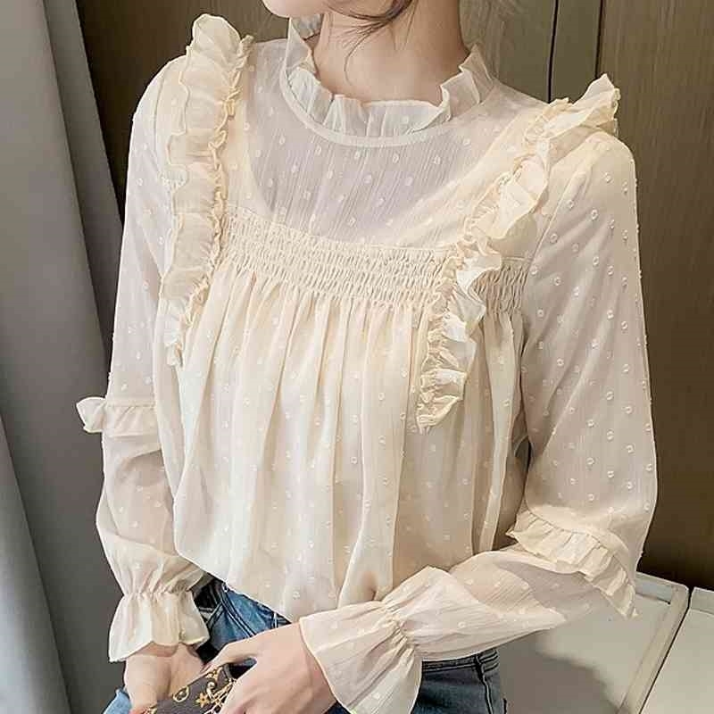 

Long Sleeve Ruffles Chiffon Blouse Shirt Women Tops Blouse Women Blusas Mujer De Moda Stand Collar Women Blouses Blusa E373 210602, Apricot