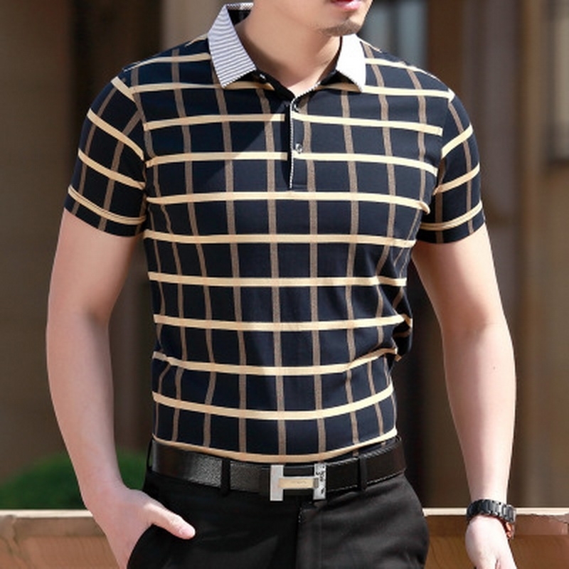 

summer polo homme men Fashion short sleeve shirts men's business casual polo Lapel cotton breathable plaid masculino 210707, Gold