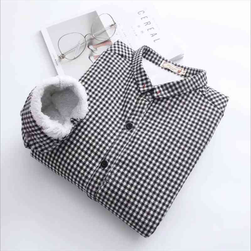 

Korean Black And White Plaid Velvet Shirt Women Long Sleeve Warm Winter Thickening Blouse Tops Female Outerwears