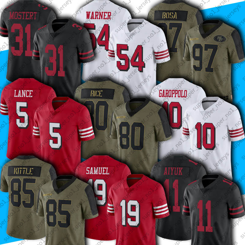 

5 Trey Lance 85 George Kittle 97 Nick Bosa Football Jersey 19 Deebo Samuel 54 Fred Warner Brandon Aiyuk Jerseys Jerry Rice Javon Kinlaw Jimmie Ward Jaquiski Tartt Gould, Woman custom jersey (49)