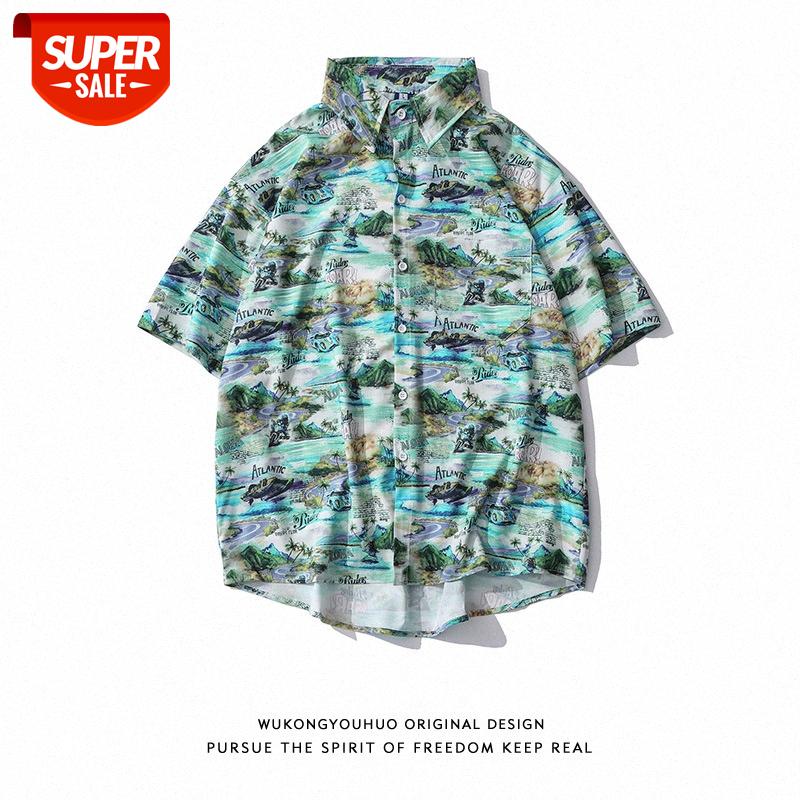 

men's retro printed short-sleeved shirt street loose couple Weiyi style #aM86, White;black