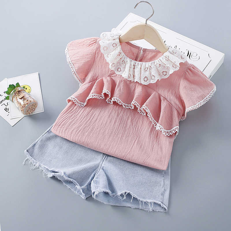 

2-7 Years High Quality Summer Girl Clothing Set Fashion Casual Solid Shirt + Denim Pants Kid Children Girls 210615, Orange
