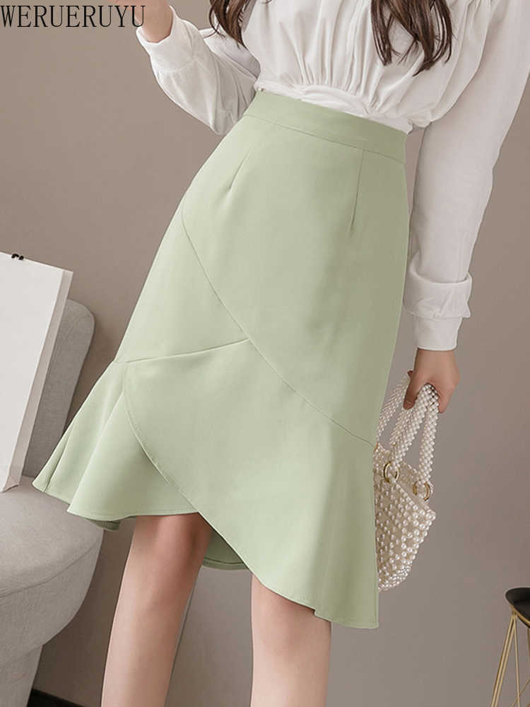 

WERUERUYU Ladies Women High Waist Flare Fishtail Maxi Long Skirt Solid Color Pleated Package Hip A-Line Pencil Skirt 210608, Picture color