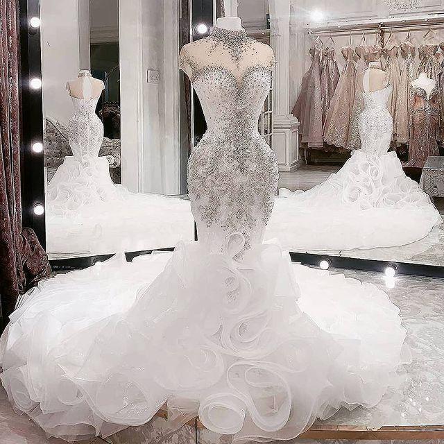 

2021 Plus Size Arabic Aso Ebi Luxurious Beaded Crystals Wedding Dresses High Neck Mermaid Bridal Dresses Sheer Neck Wedding Gowns ZJ935, Black