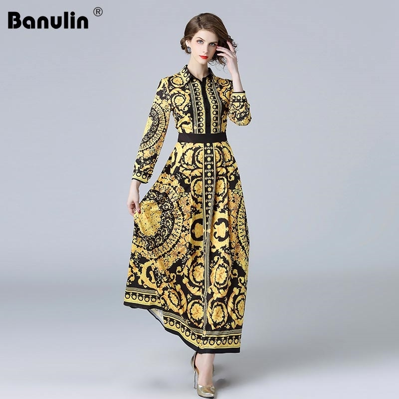 

Banulin HIGH QUALITY est Fashion Runway Dress Women's Long Sleeve Crystal Retro Floral Elegant Printed Vintage Dresses 210603