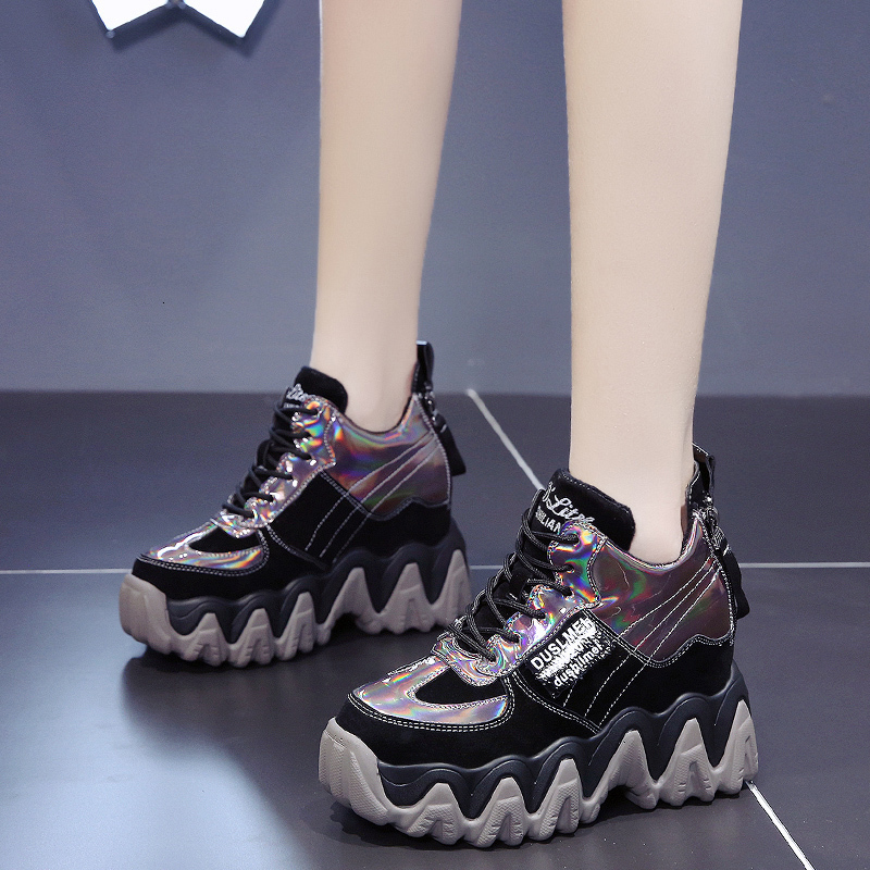 

2021 New Laser Pu Leather Ankle Boots for Women Autumn Winter Shoes Woman Lace Up Height Inreasing Booties Sneakers Ld0s, Pink