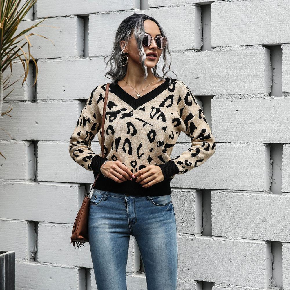 

2021 New Fashion Leopard Sweater V-neck Long Sleeve Top Outfits Lady Casual Soft Elastic Knitted Jumper for Women Sexy Hvp8