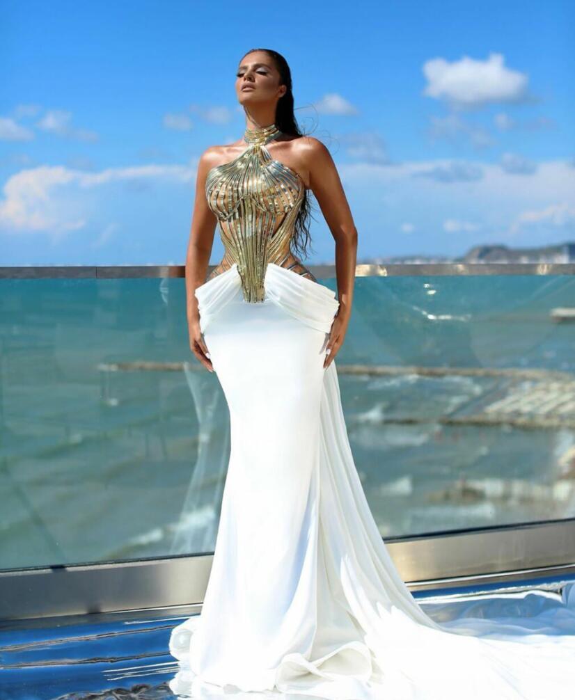 

Modern Design Evening Dresses Gold Strips Mermaid White Prom Dress Summer Sleeveless Fashion Special Occasion Wear, Silver