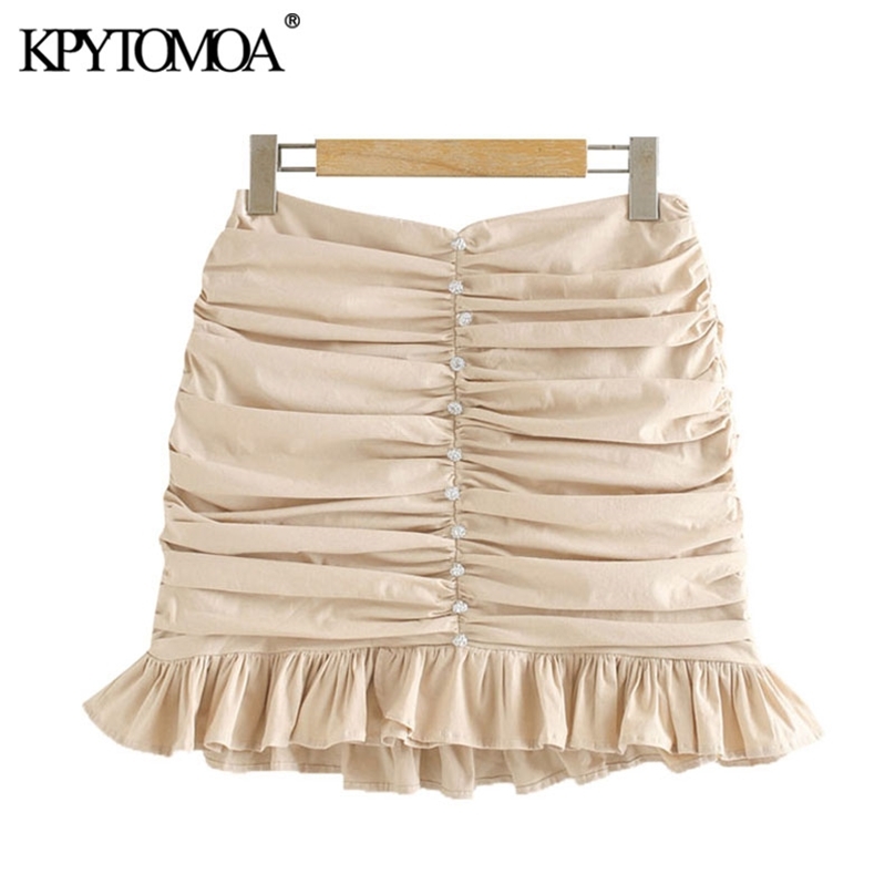

KPYTOMOA Women Chic Fashion Appliques Ruffled Pleated Mini Skirt Vintage High Waist Back Zipper Female Skirts Mujer 210629, As picture