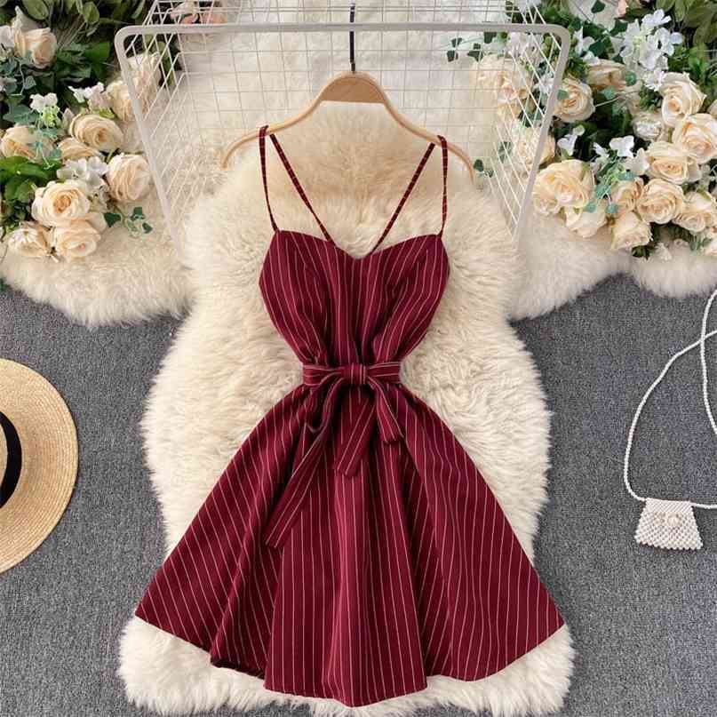 

Elegant Vintage Spaghetti Strap Dress Striped Print Summer Short Dresses Criss-cross Backless Sash Lace-up Casual Sundress 210603, Red