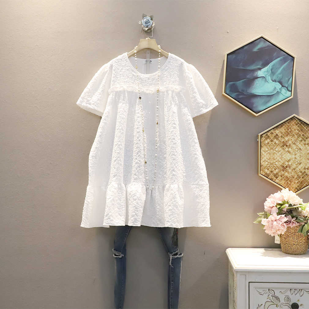 

Summer Pleated O Neck Puff Sleeve Solid Loose Plus Size A-Line Above Knee, Mini Dress for Women 210615, White