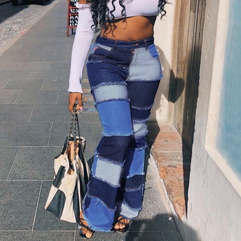 

3w#Women Fashion High Waist Jeans Leggings Patch Splice Slim Pocket Pants Trousers Slim Fit Denim Pants Trousers, Blue