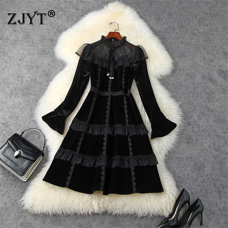 

Runway Designers Fashion Autumn Flare Sleeve Lace Patchwork Sexy Black Velvet Dress Mini Party Vestidos Women Clothes 210601