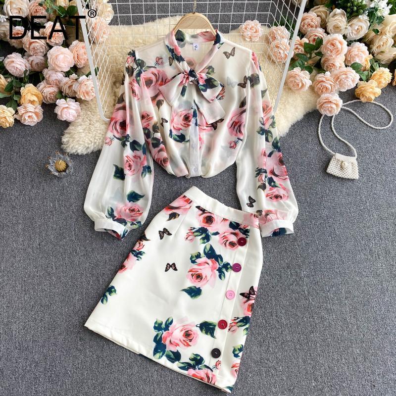 

Women Skirt big size Lapel Lantern Sleeve Printing Short Two Piece Set Fashion Temperament Spring Summer 11D67 210525, Apricot