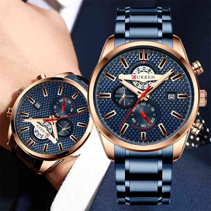 

Curren Watch Men Luxury Brand Business Chronograph Watches Stainless Steel Blue Male Wristwatch Relogio Masculino 210707, Silver-white