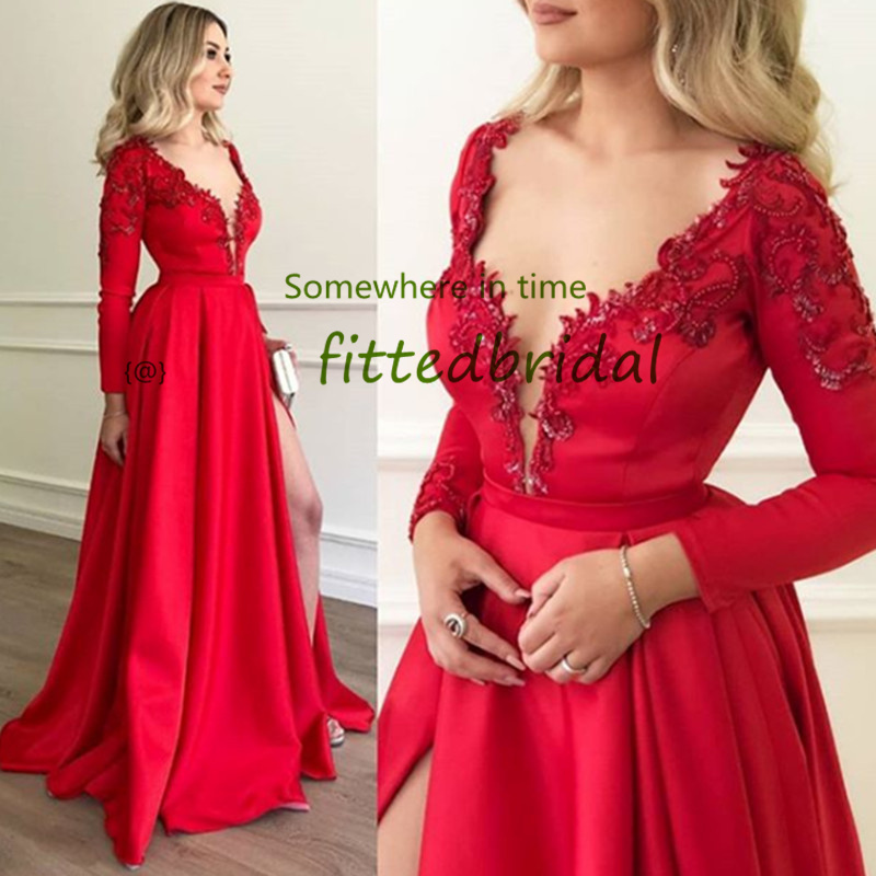 

Sparkling Long Sleeves Prom Dresses Red Evening Gowns Pageant Women Sexy Party Wear High Left Split Abiye Dubai Gown, Dark green