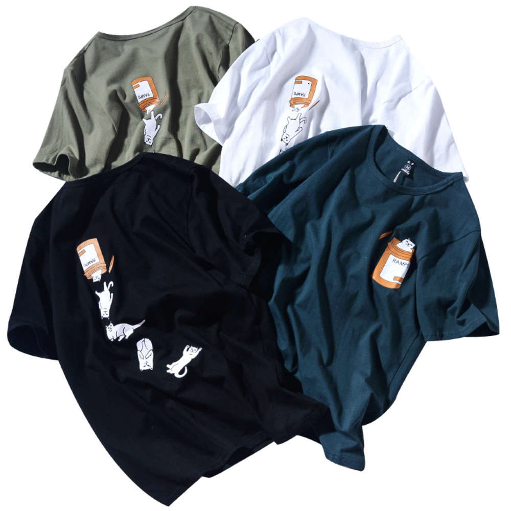 

Ins tiktok, cheap cat, T-shirt, men's casual cotton blouse, summer new cartoon personality print short sleeve, White;black