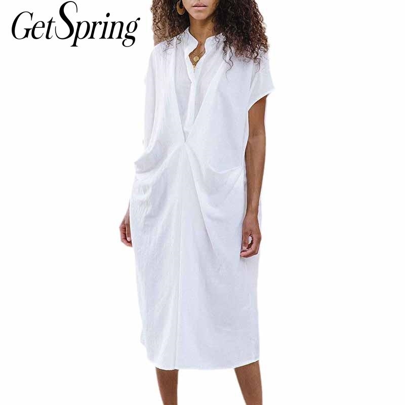 

GetSpring Women Dress Temperament White Dresses Solid Short Sleeve Loose Leisure Long Fashion Ladies Dresse Spring 210601, Green